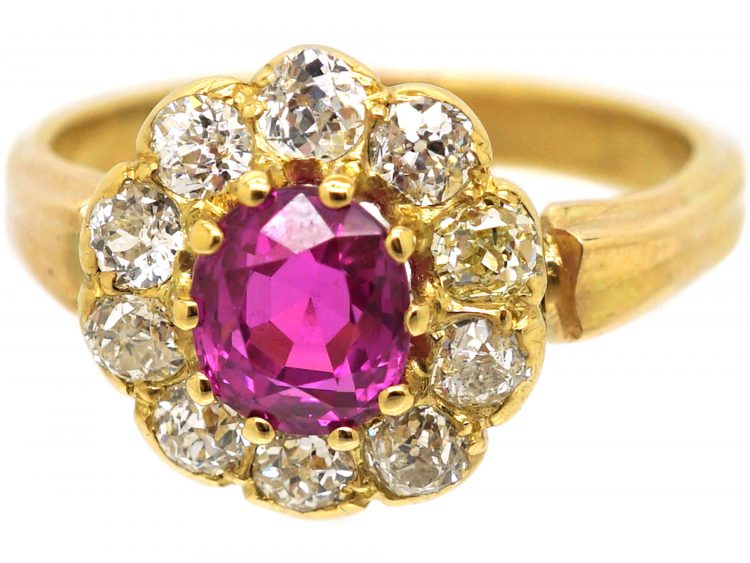 Edwardian 18ct Gold, Pink Sapphire & Diamond Cluster Ring