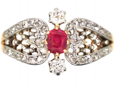Early 20th Century 14ct Gold & Platinum, Ruby & diamond Hearts Ring