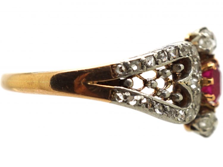 Early 20th Century 14ct Gold & Platinum, Ruby & diamond Hearts Ring