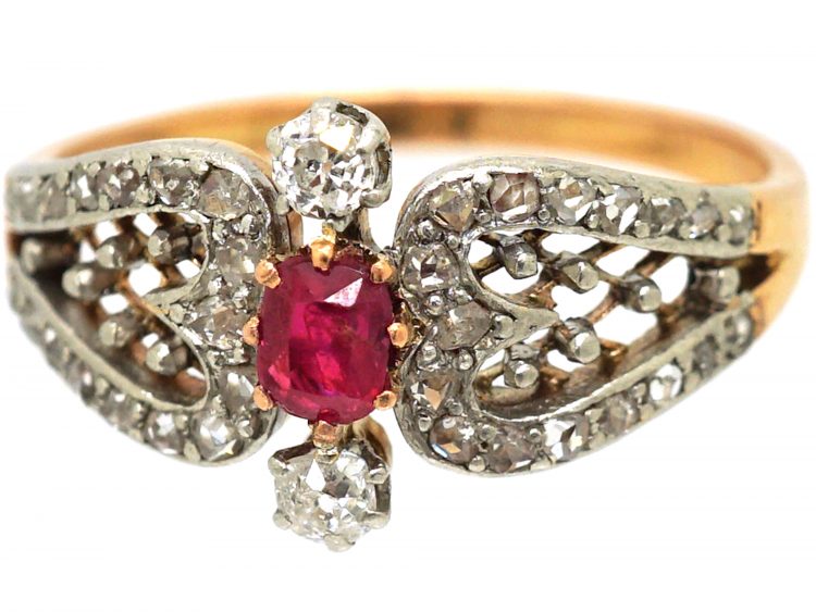 Early 20th Century 14ct Gold & Platinum, Ruby & diamond Hearts Ring