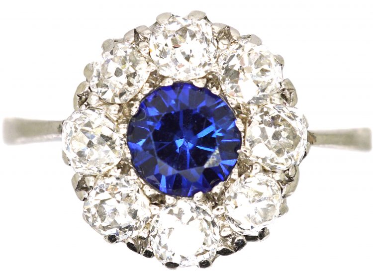 Early 20th Century Platinum, Sapphire & Diamond Cluster Ring
