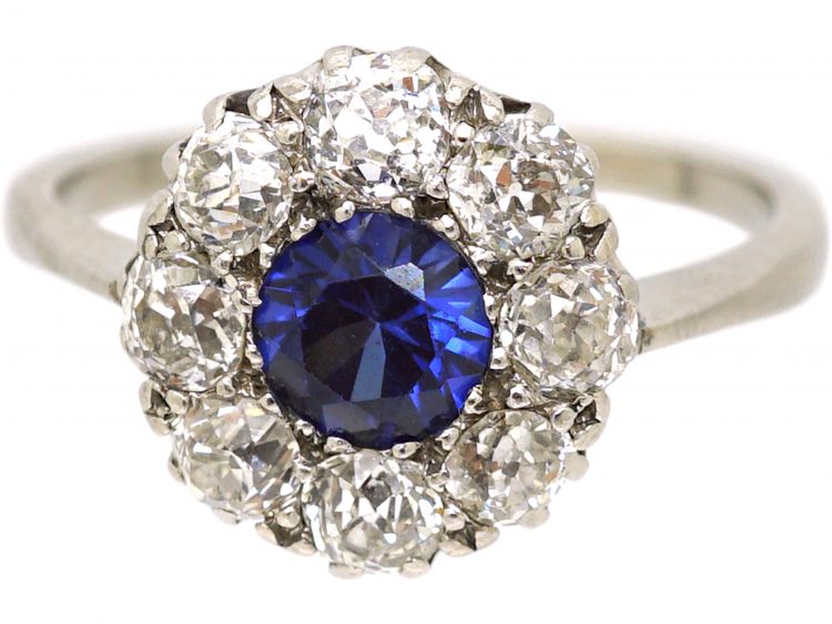 Early 20th Century Platinum, Sapphire & Diamond Cluster Ring