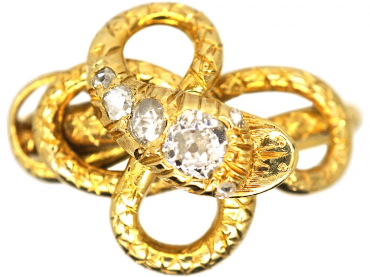 Victorian 18ct Gold Coily Snake Ring set with Diamonds