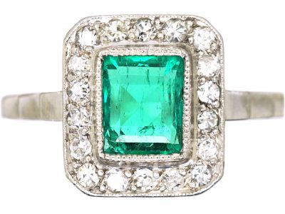 Art Deco Platinum. Emerald & Diamond Rectangular Shaped Ring