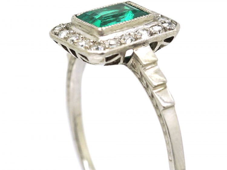 Art Deco Platinum. Emerald & Diamond Rectangular Shaped Ring