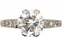 Art Deco Platinum, Solitaire Diamond Ring with Diamond Set Shoulders