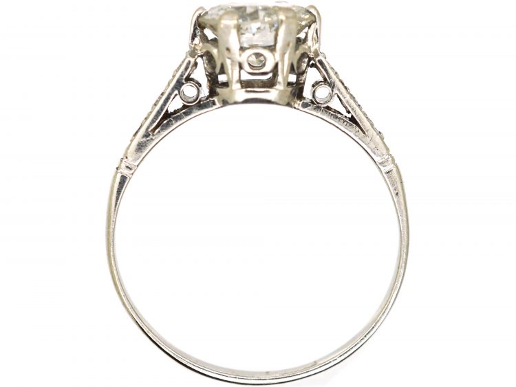 Art Deco Platinum, Solitaire Diamond Ring with Diamond Set Shoulders