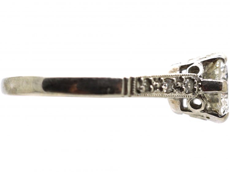 Art Deco Platinum, Solitaire Diamond Ring with Diamond Set Shoulders
