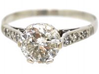 Art Deco Platinum, Solitaire Diamond Ring with Diamond Set Shoulders