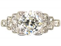 Art Deco Platinum, Solitaire Diamond Ring with Step Cut Shoulders set with Rose Diamonds