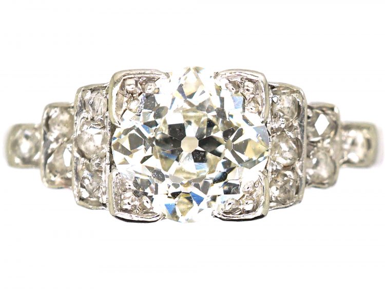 Art Deco Platinum, Solitaire Diamond Ring with Step Cut Shoulders set with Rose Diamonds