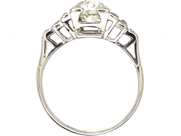 Art Deco Platinum, Solitaire Diamond Ring with Step Cut Shoulders set with Rose Diamonds
