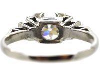 Art Deco Platinum, Solitaire Diamond Ring with Step Cut Shoulders set with Rose Diamonds