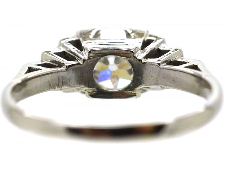 Art Deco Platinum, Solitaire Diamond Ring with Step Cut Shoulders set with Rose Diamonds