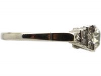 Art Deco Platinum, Solitaire Diamond Ring with Step Cut Shoulders set with Rose Diamonds