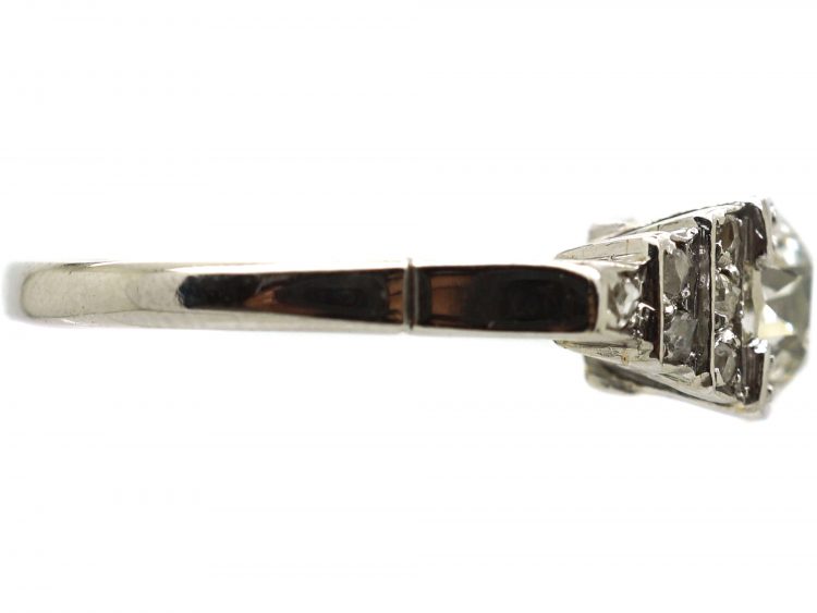 Art Deco Platinum, Solitaire Diamond Ring with Step Cut Shoulders set with Rose Diamonds