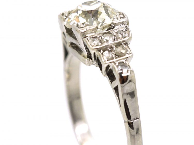Art Deco Platinum, Solitaire Diamond Ring with Step Cut Shoulders set with Rose Diamonds