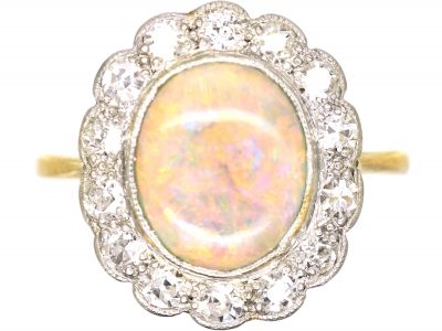Edwardian 18ct Gold & Platinum, Opal & Diamond Cluster Ring