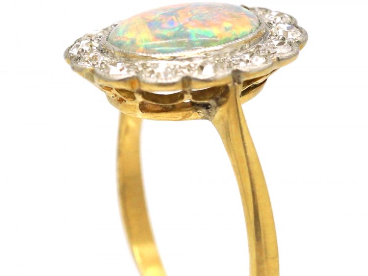 Edwardian 18ct Gold & Platinum, Opal & Diamond Cluster Ring