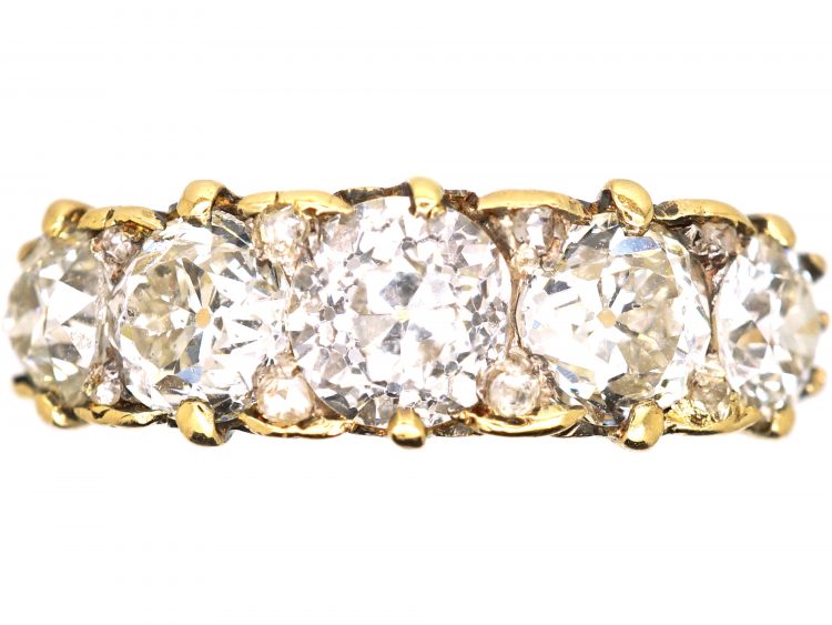 Victorian 18ct Gold Five Stone Diamond Carved Half Hoop Ring