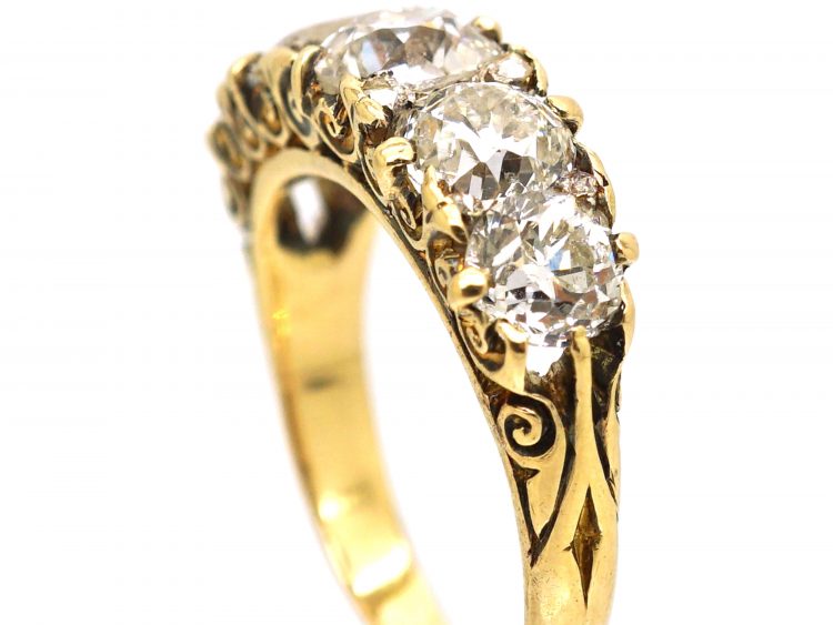 Victorian 18ct Gold Five Stone Diamond Carved Half Hoop Ring