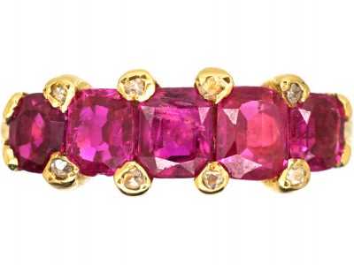 Victorian 18ct Gold Five Stone Ruby Ring with Diamond Points