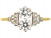 Art Deco 18ct Gold & Platinum Two Stone Diamond Ring with Diamond Set Step Cut Shoulders