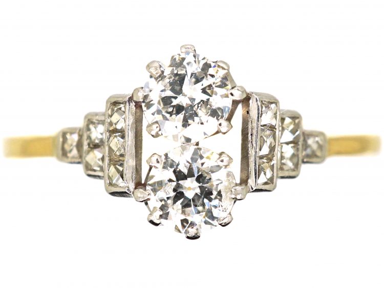 Art Deco 18ct Gold & Platinum Two Stone Diamond Ring with Diamond Set Step Cut Shoulders