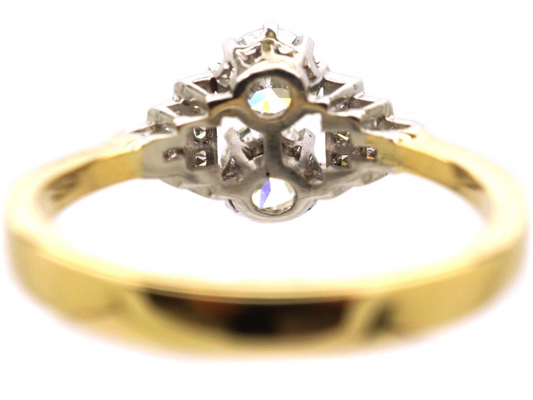 Art Deco 18ct Gold & Platinum Two Stone Diamond Ring with Diamond Set Step Cut Shoulders