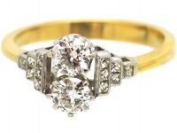 Art Deco 18ct Gold & Platinum Two Stone Diamond Ring with Diamond Set Step Cut Shoulders