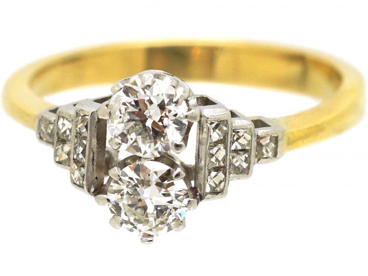 Art Deco 18ct Gold & Platinum Two Stone Diamond Ring with Diamond Set Step Cut Shoulders