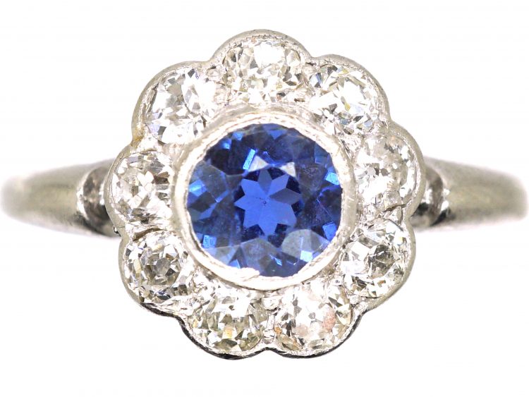 Edwardian Platinum, Sapphire & Diamond Cluster Ring