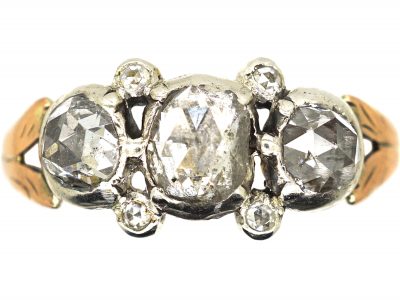 Georgian 9ct Gold, Three Stone Rose Diamond Ring with Rose Diamond Points