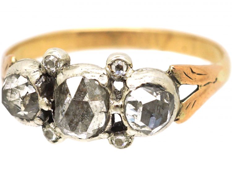 Georgian 9ct Gold, Three Stone Rose Diamond Ring with Rose Diamond Points