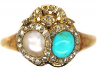 Victorian 18ct Gold Double Heart Ring set with a Natural Pearl & Turquoise with Rose Diamond Detail