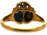 Victorian 18ct Gold Double Heart Ring set with a Natural Pearl & Turquoise with Rose Diamond Detail