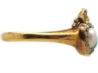 Victorian 18ct Gold Double Heart Ring set with a Natural Pearl & Turquoise with Rose Diamond Detail