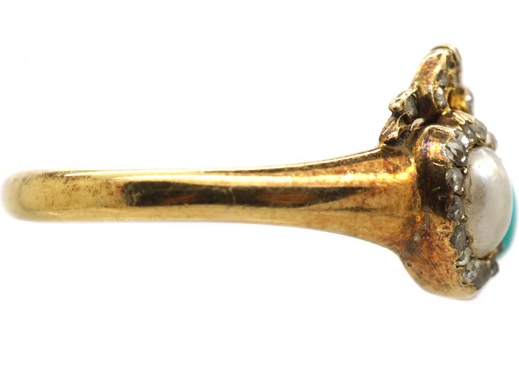 Victorian 18ct Gold Double Heart Ring set with a Natural Pearl & Turquoise with Rose Diamond Detail