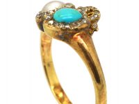 Victorian 18ct Gold Double Heart Ring set with a Natural Pearl & Turquoise with Rose Diamond Detail