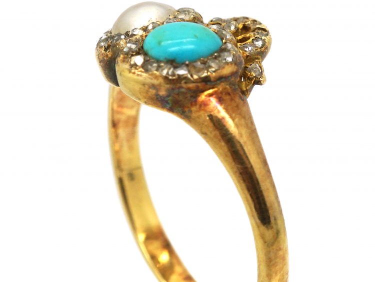 Victorian 18ct Gold Double Heart Ring set with a Natural Pearl & Turquoise with Rose Diamond Detail
