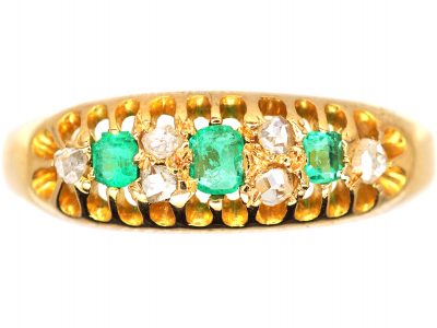 Victorian 18ct Gold, Emerald Three Stone Ring with Rose Diamonds In Between