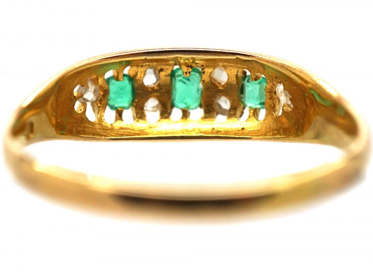 Victorian 18ct Gold, Emerald Three Stone Ring with Rose Diamonds In Between