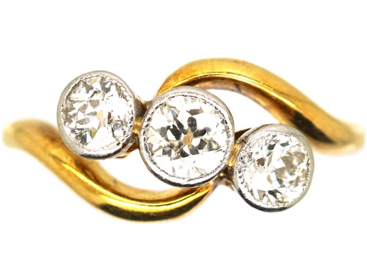 Edwardian 18ct Gold Three Stone Diamond Crossover Ring