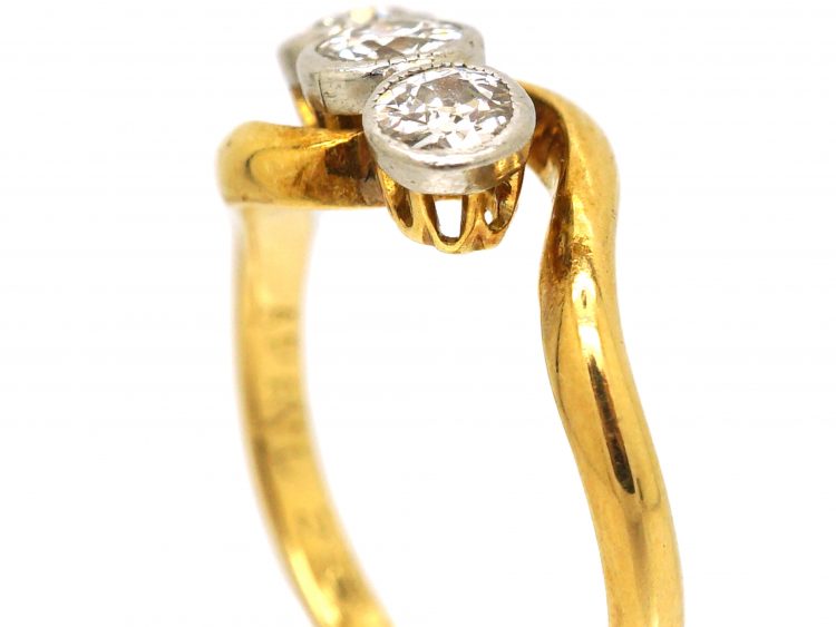 Edwardian 18ct Gold Three Stone Diamond Crossover Ring