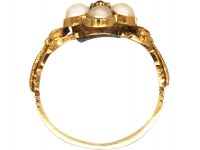 Regency 15ct Gold Cluster Ring set with Natural Split Pearls & a Ruby with Rose Detail on the Shoulders