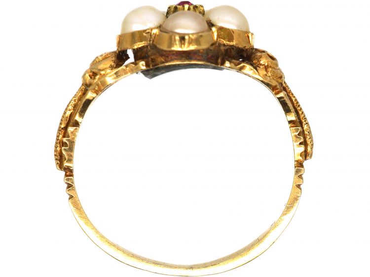 Regency 15ct Gold Cluster Ring set with Natural Split Pearls & a Ruby with Rose Detail on the Shoulders