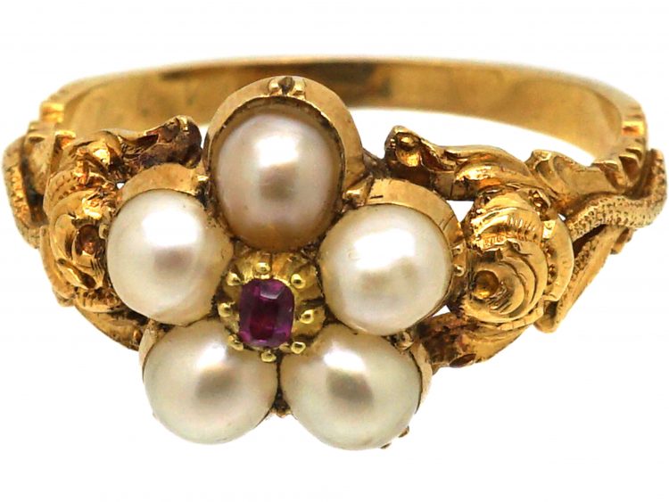 Regency 15ct Gold Cluster Ring set with Natural Split Pearls & a Ruby with Rose Detail on the Shoulders