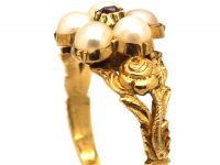 Regency 15ct Gold Cluster Ring set with Natural Split Pearls & a Ruby with Rose Detail on the Shoulders