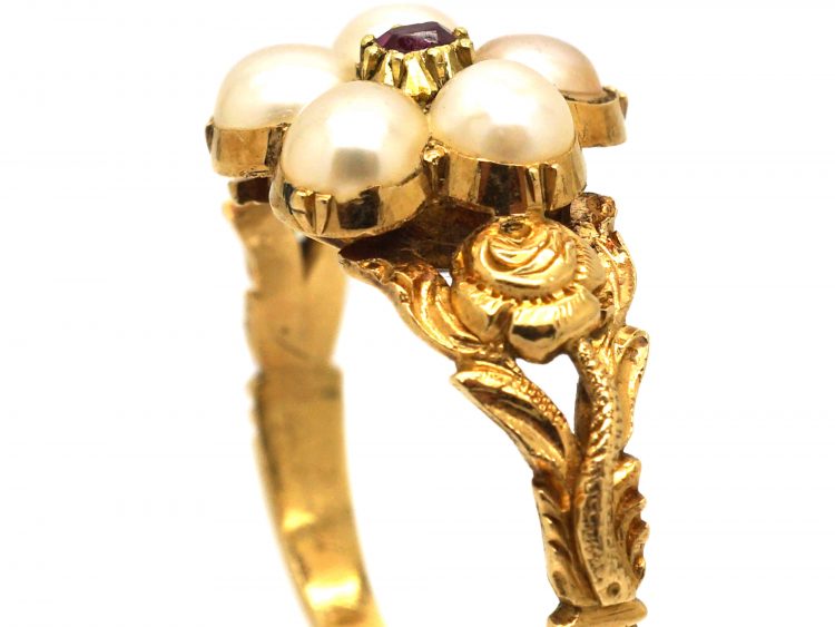Regency 15ct Gold Cluster Ring set with Natural Split Pearls & a Ruby with Rose Detail on the Shoulders