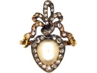 Victorian 18ct Gold Heart Shaped Ring with Bow Above set with a Natural Pearl & Rose Diamonds
